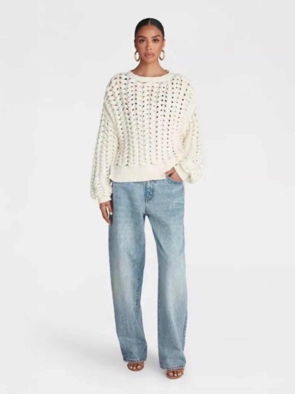 KBB by Kahlana Cream Chunky Open-Knit Crewneck Sweater